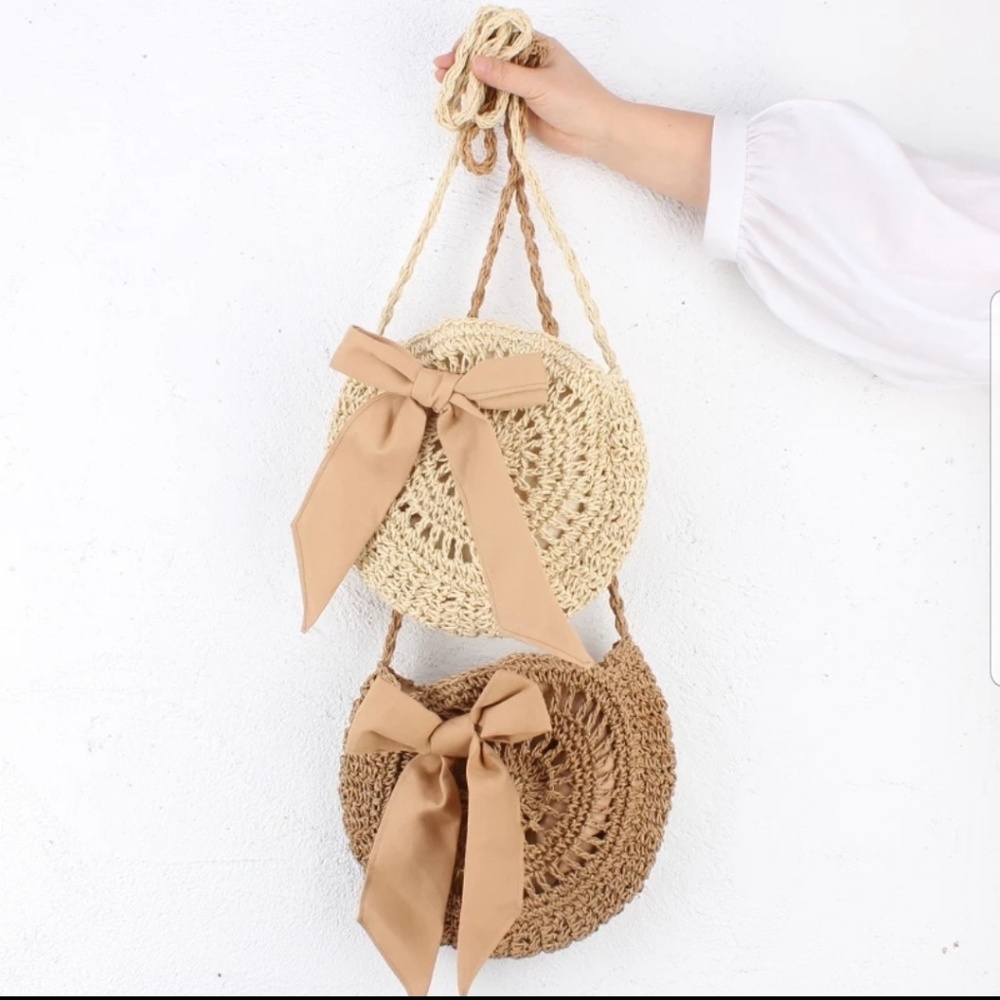 Sale!Cute Circle Straw Bags with Bow Beige & Brown